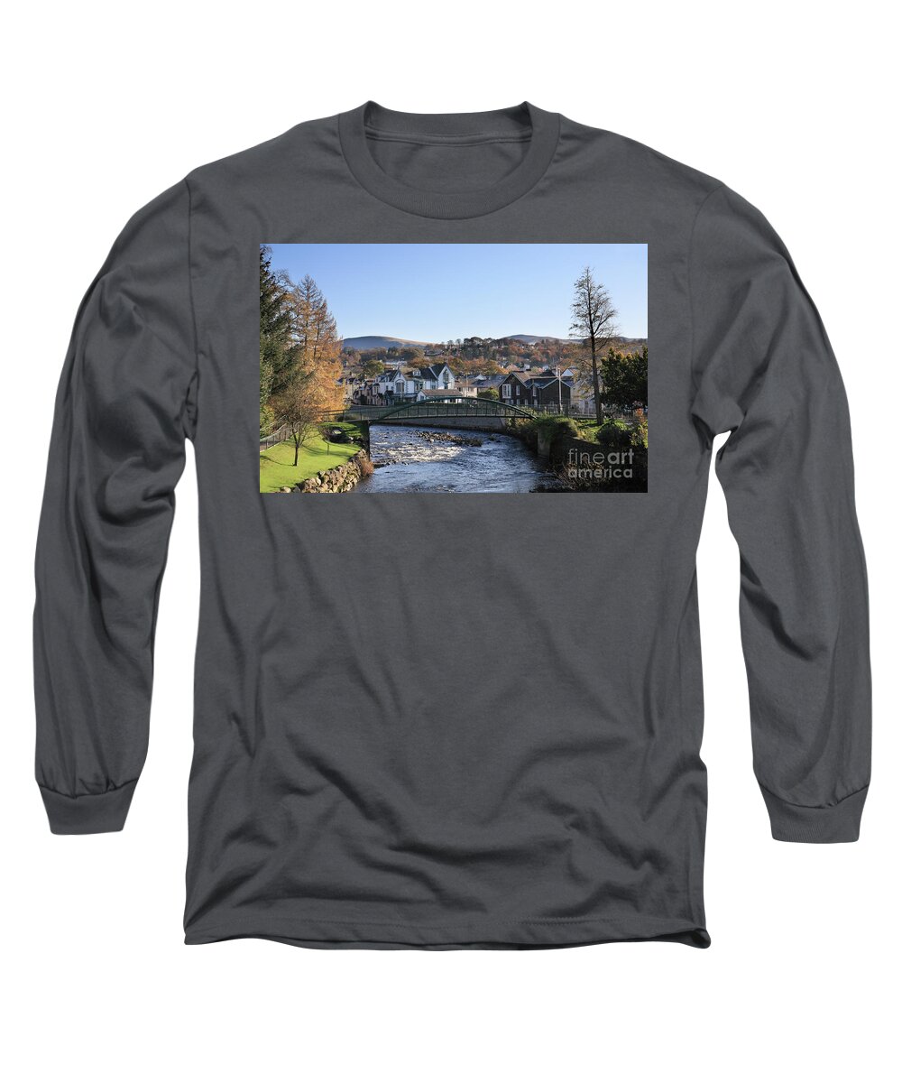 Footbridge Long Sleeve T-Shirt featuring the photograph Autumn view of the river Greta in Keswick, Cumbria, England by Bryan Attewell