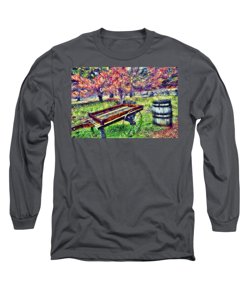 Autumn Long Sleeve T-Shirt featuring the painting Autumn Wagon and Barrel ap by Dan Carmichael