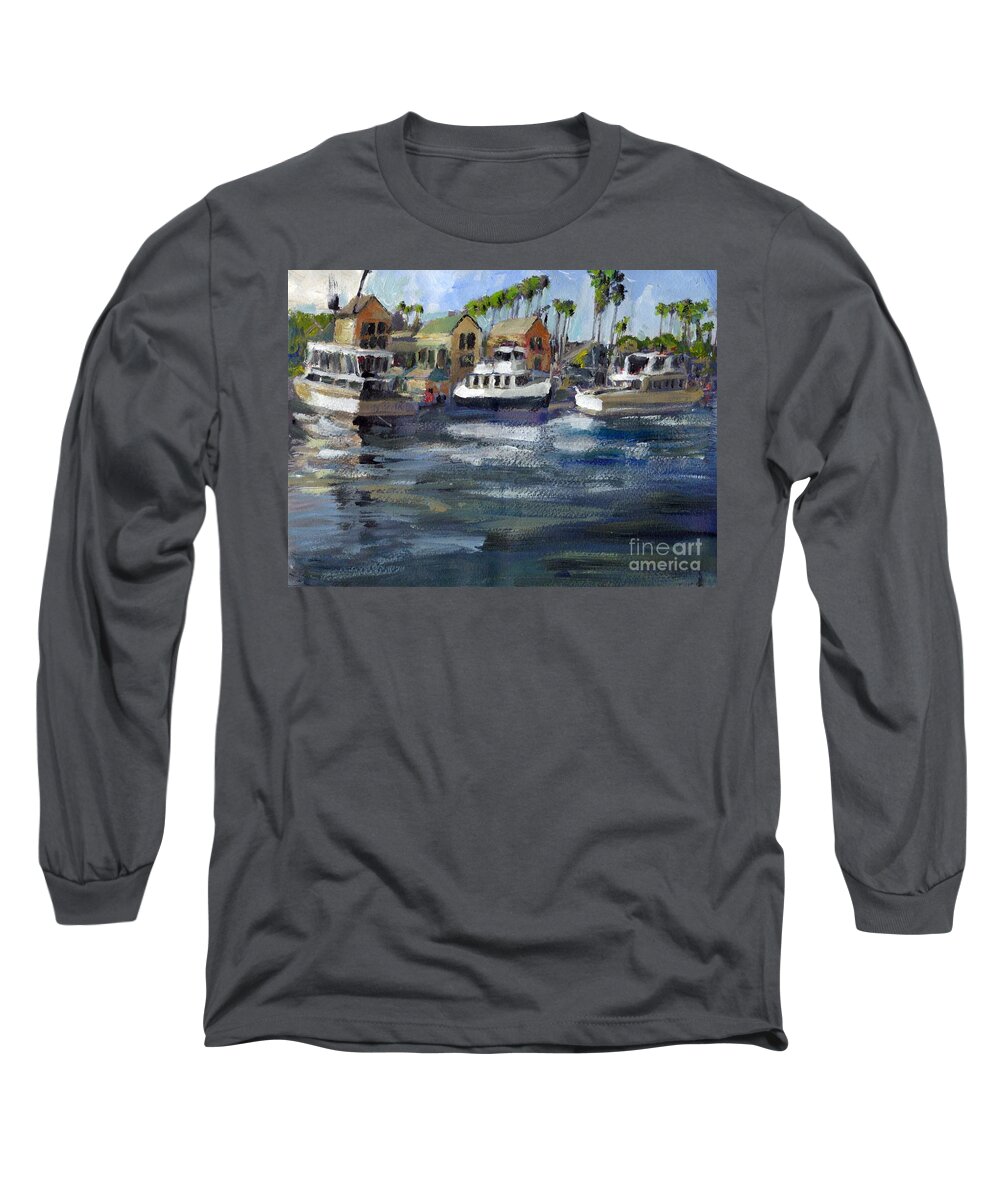 California Long Sleeve T-Shirt featuring the painting Bait Dock Marina Del Rey by Randy Sprout