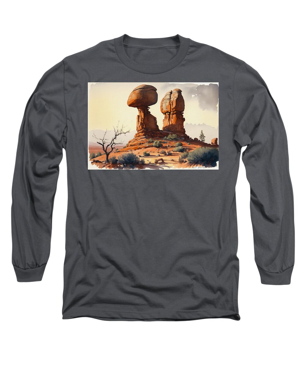 Aquarell Long Sleeve T-Shirt featuring the painting Balanced Rock's Eternal Grace in Arches National Park by Kai Saarto