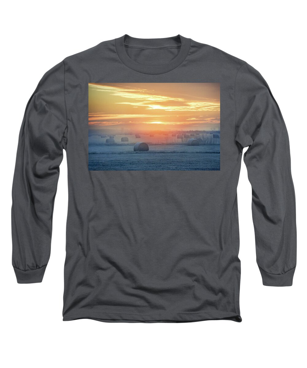 Round Bales Long Sleeve T-Shirt featuring the photograph Bales in the Mist by Todd Klassy