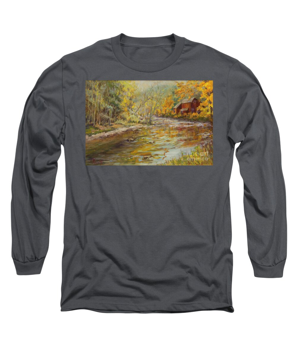 Burns Long Sleeve T-Shirt featuring the painting Barn By the River by BRossitto