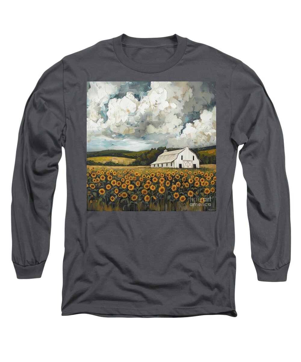 Barn Long Sleeve T-Shirt featuring the painting Barn In The Sunflowers by Tina LeCour