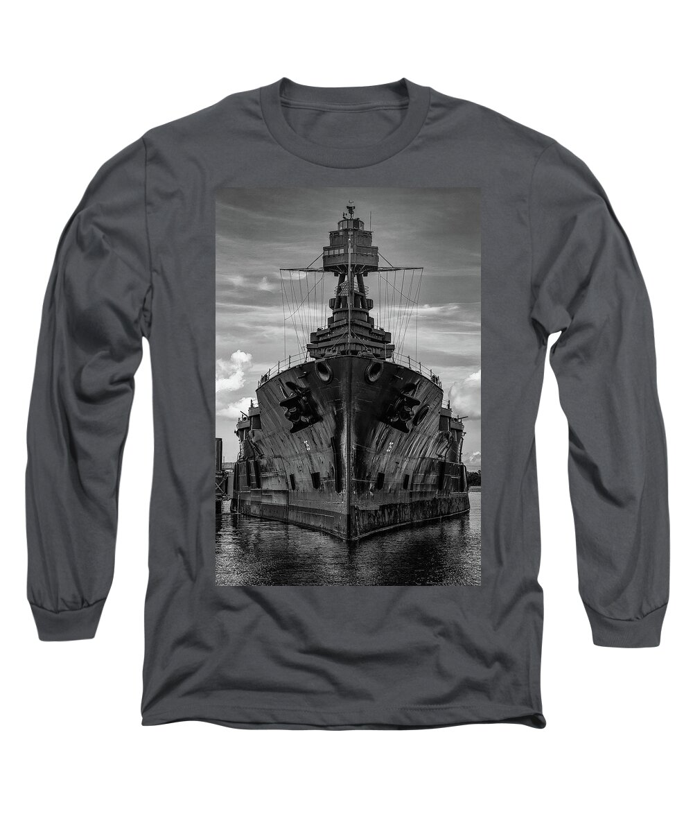 B&w Long Sleeve T-Shirt featuring the photograph Last of the Dreadnoughts - Battleship Texas by Mike Schaffner