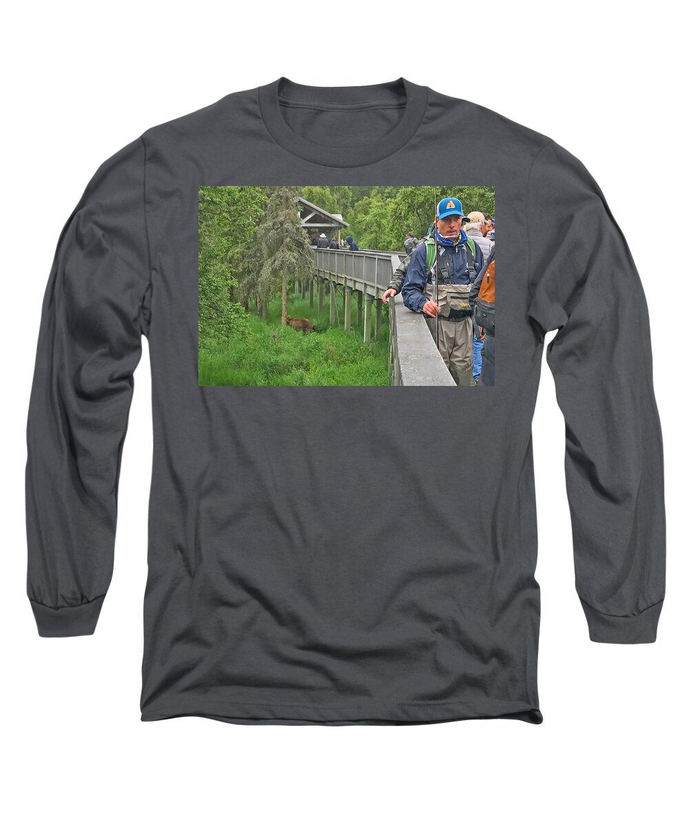 Brown Bears Frequenlty Walk Underneath The Boardwalks At Brooks Falls In Katmai National Park Alaska Grizzly Wooden Walk Way Walkway Fishermen Fish Man People Look On Long Sleeve T-Shirt featuring the photograph Bear under the Boardwalk by Ed Stokes