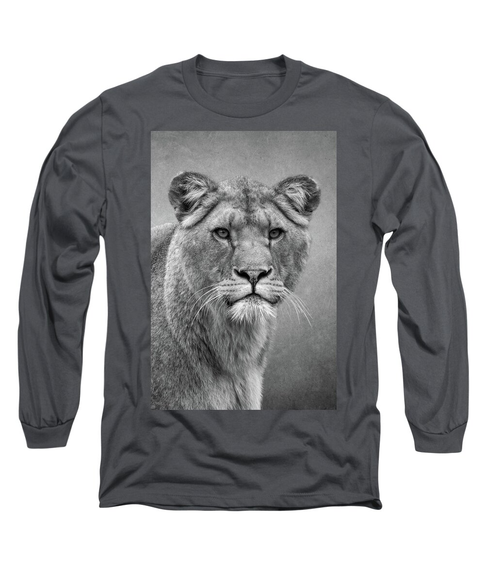 Lions Long Sleeve T-Shirt featuring the digital art Beautiful lioness in black and white by Marjolein Van Middelkoop