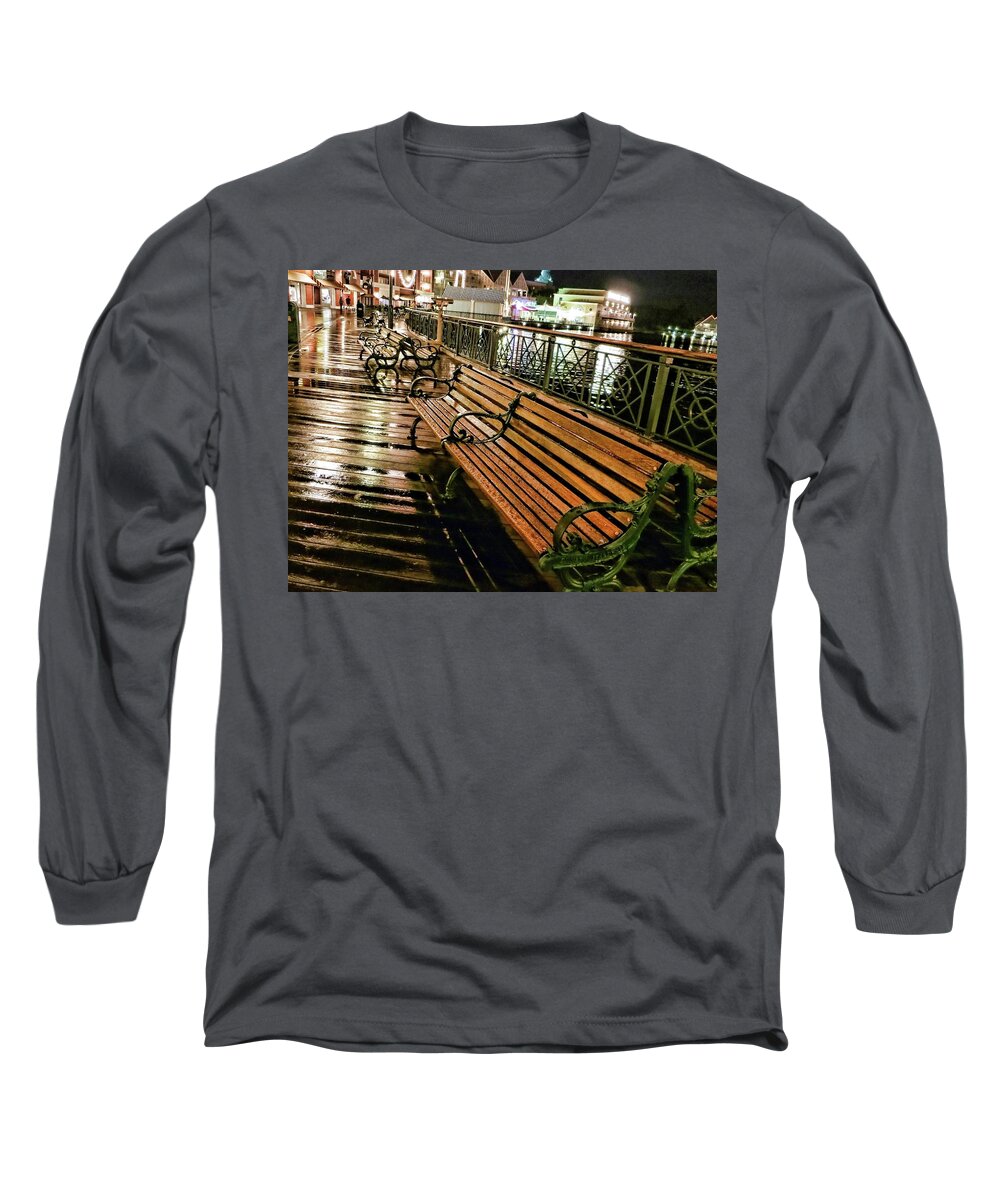 Bench Rain Boardwalk Water Rest Long Sleeve T-Shirt featuring the photograph Benches in the rain by Nora Martinez