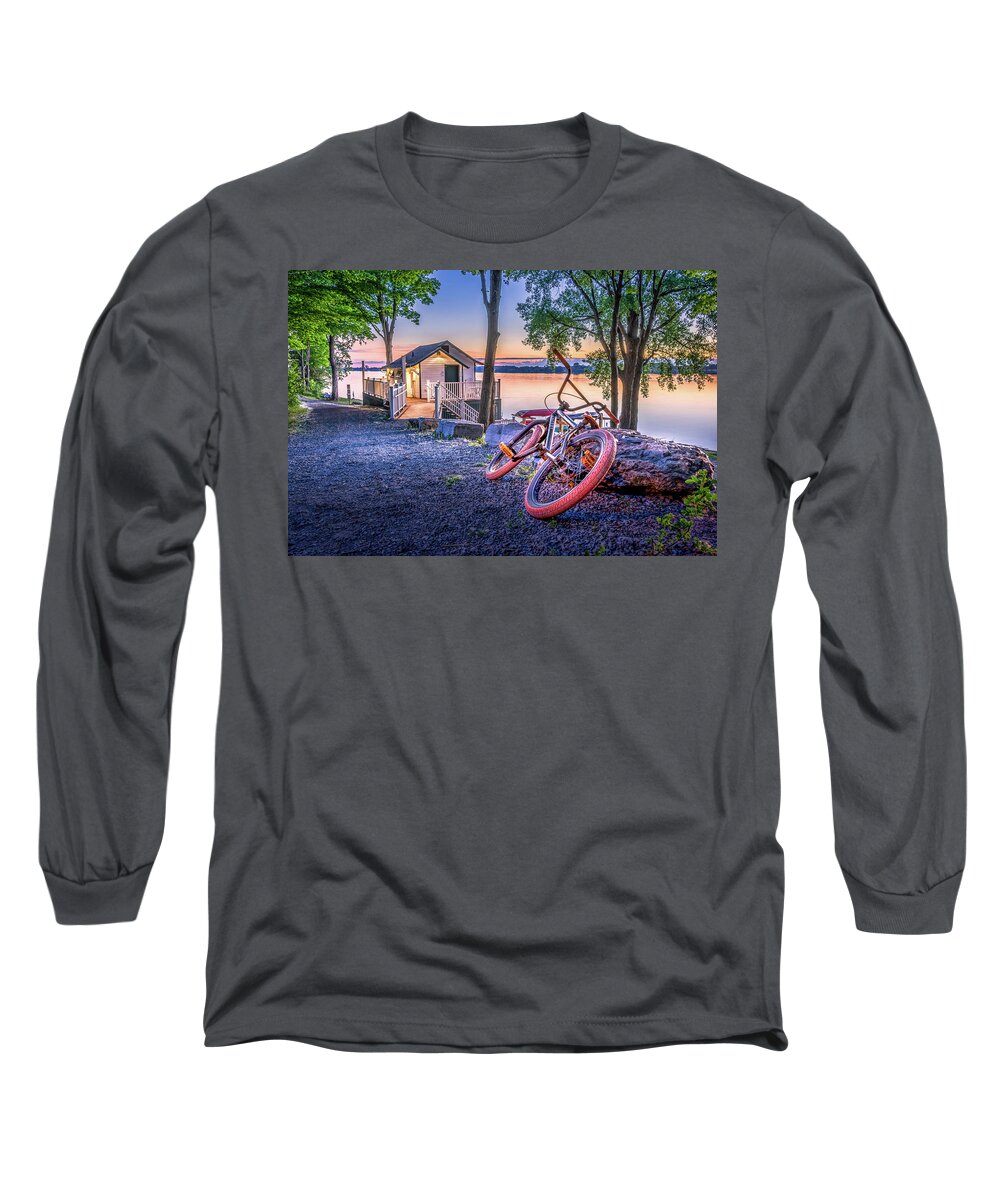 Lake Long Sleeve T-Shirt featuring the photograph Bicycle at the Boathouse by Dee Potter