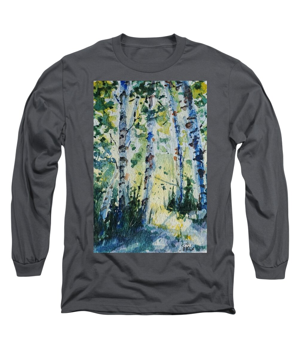Birch Long Sleeve T-Shirt featuring the painting Birches by Sheila Romard