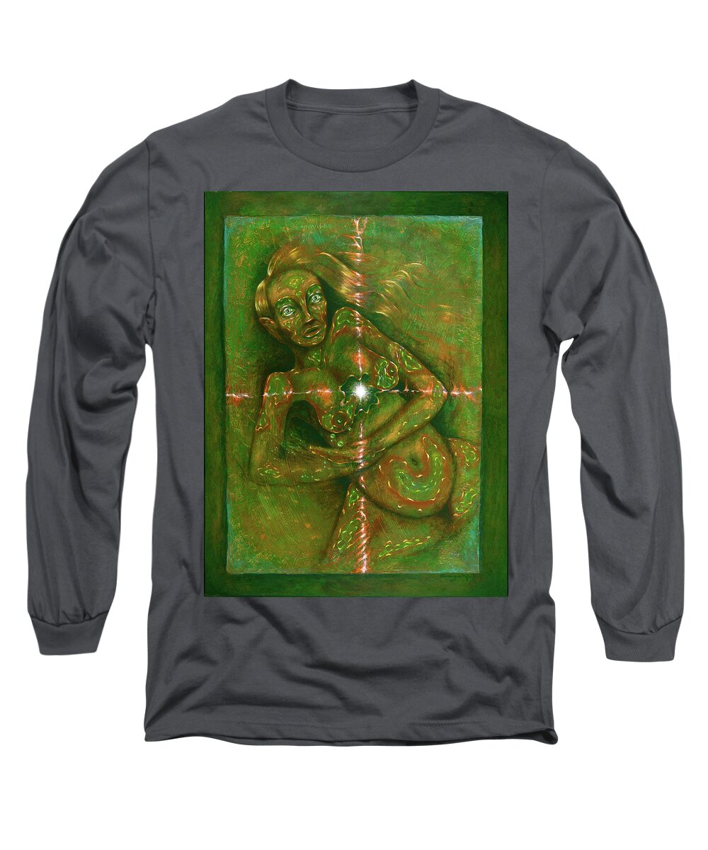 Native American Long Sleeve T-Shirt featuring the painting Birthing Pangs by Kevin Chasing Wolf Hutchins