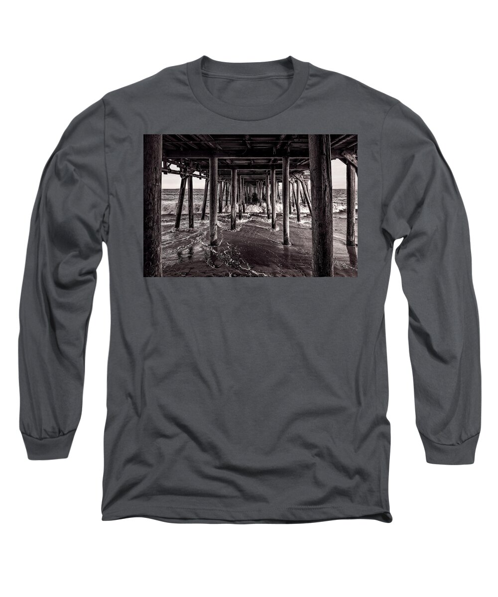Best Maine Photos Long Sleeve T-Shirt featuring the photograph Black and White Under the Boardwalk - Old Orchard Beach in Maine by Mitchell R Grosky