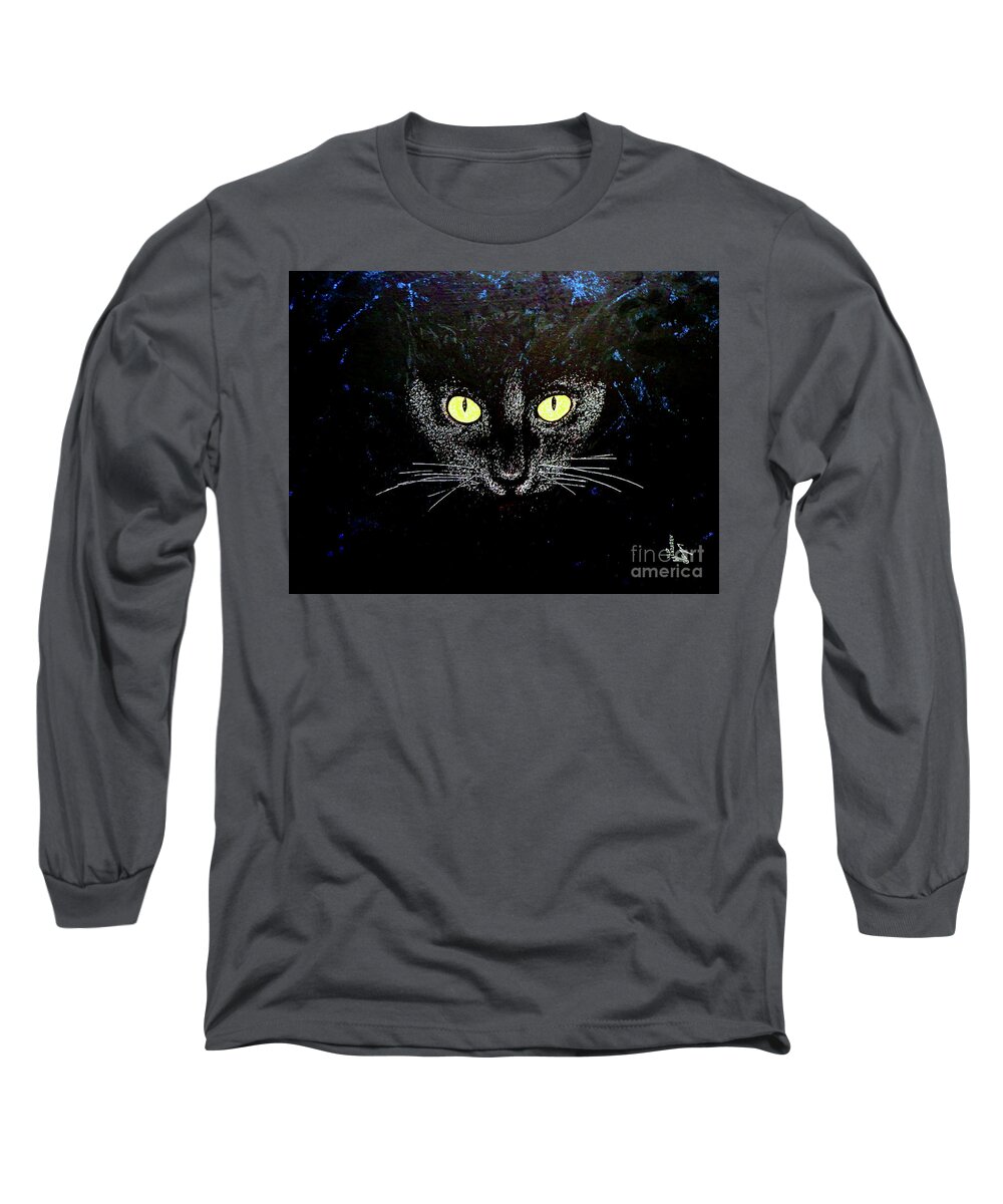 Black Long Sleeve T-Shirt featuring the painting Black Cat by Viktor Lazarev