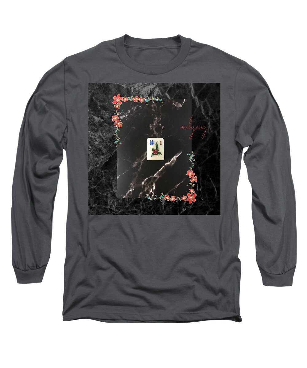 Black Long Sleeve T-Shirt featuring the mixed media Black Marble Mahjong by Mona Remedios Stickley