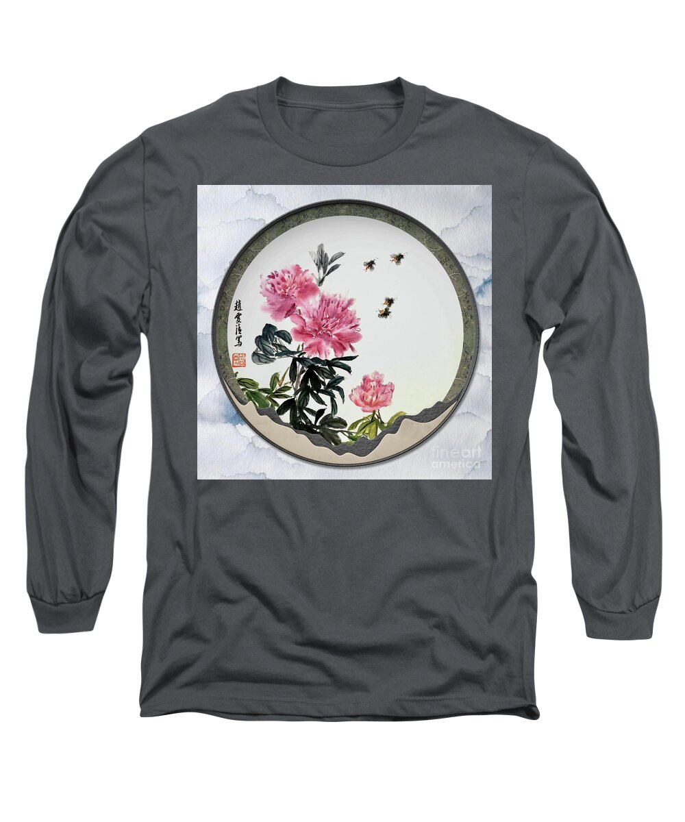 Pretty Long Sleeve T-Shirt featuring the painting Blooming Flowers and Full Moon Brings Longevity by Carmen Lam
