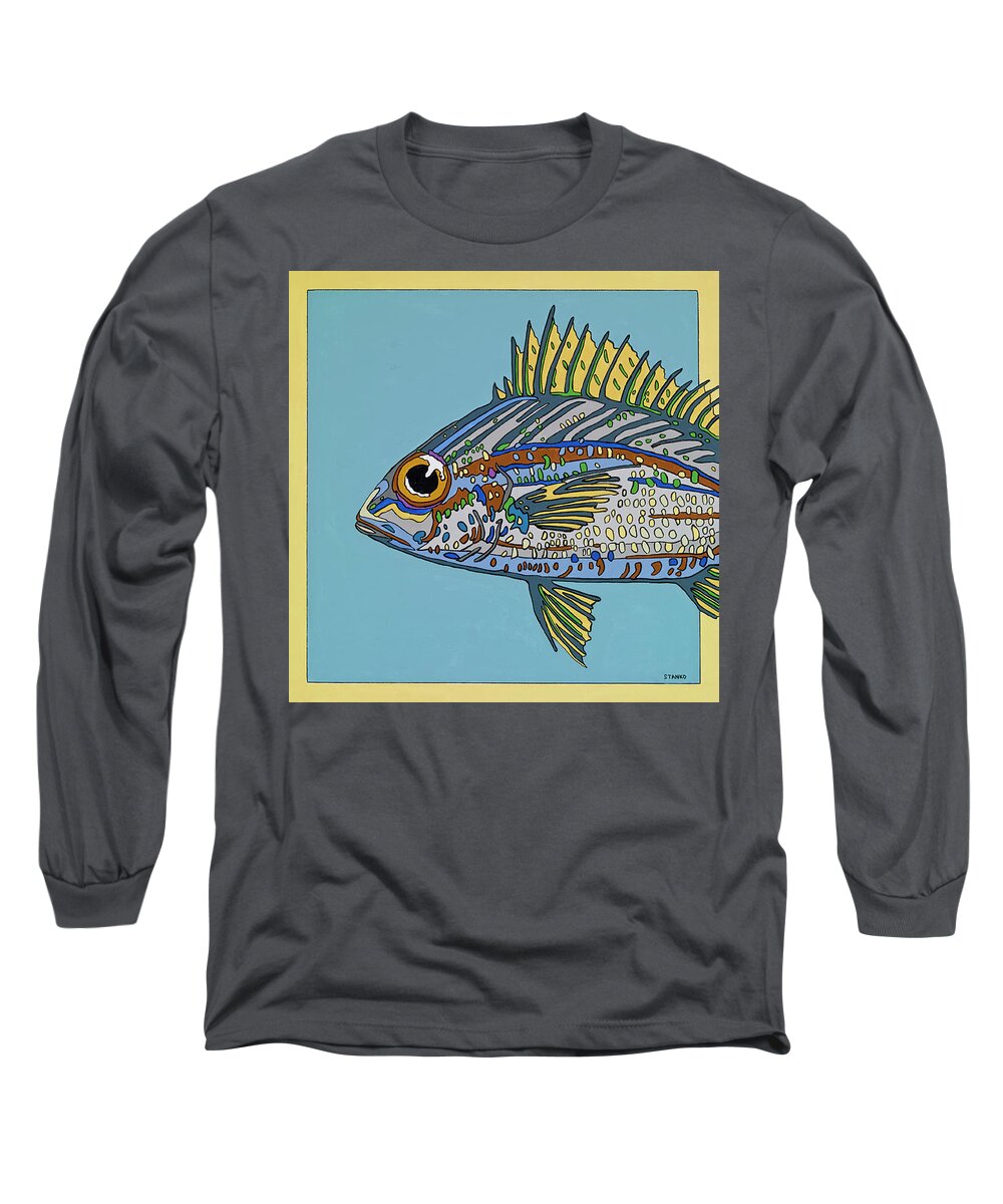 Blue Fish Ocean Salt Water Long Sleeve T-Shirt featuring the painting Blue Fish by Mike Stanko