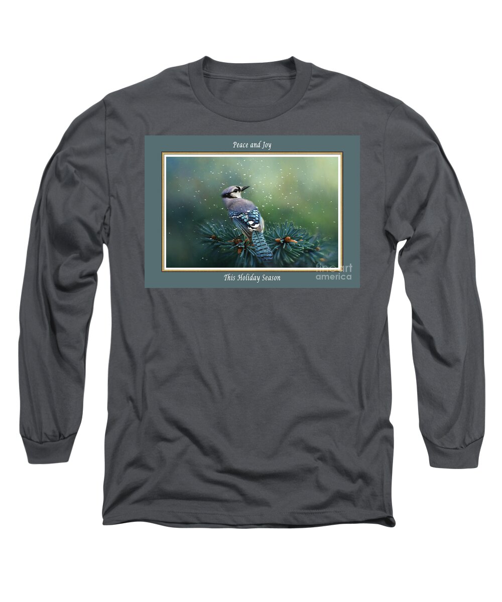 Blue Jay Long Sleeve T-Shirt featuring the mixed media Blue Jay in Winter Christmas Card by Kathy Kelly