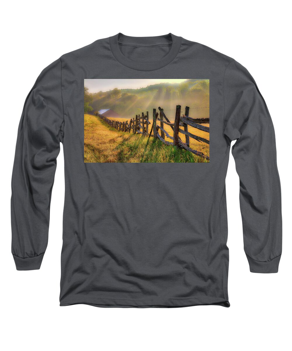 North Carolina Long Sleeve T-Shirt featuring the photograph Blue Ridge Barn in the Fog by Dan Carmichael