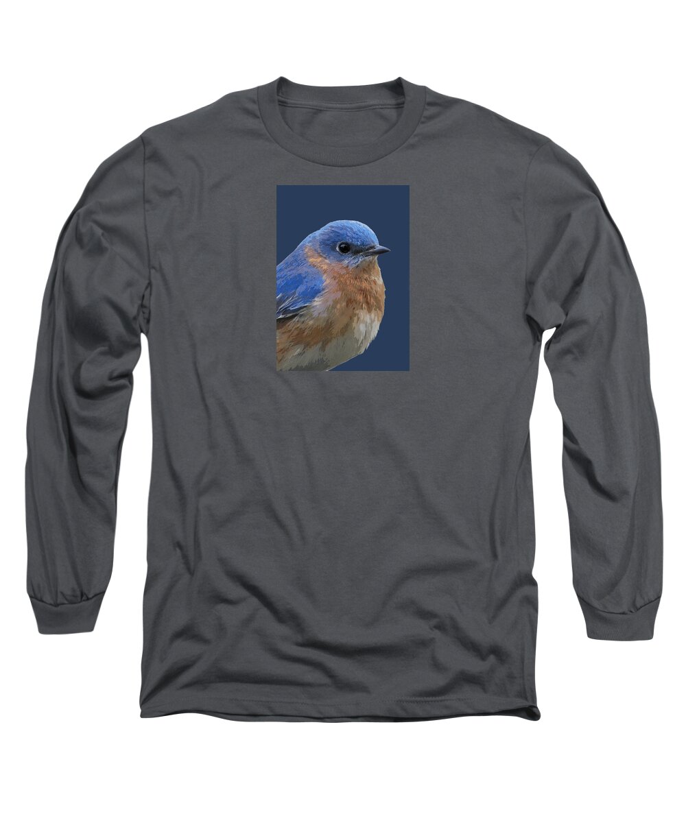 Bluebird Long Sleeve T-Shirt featuring the mixed media Bluebird On Blue by Judy Cuddehe
