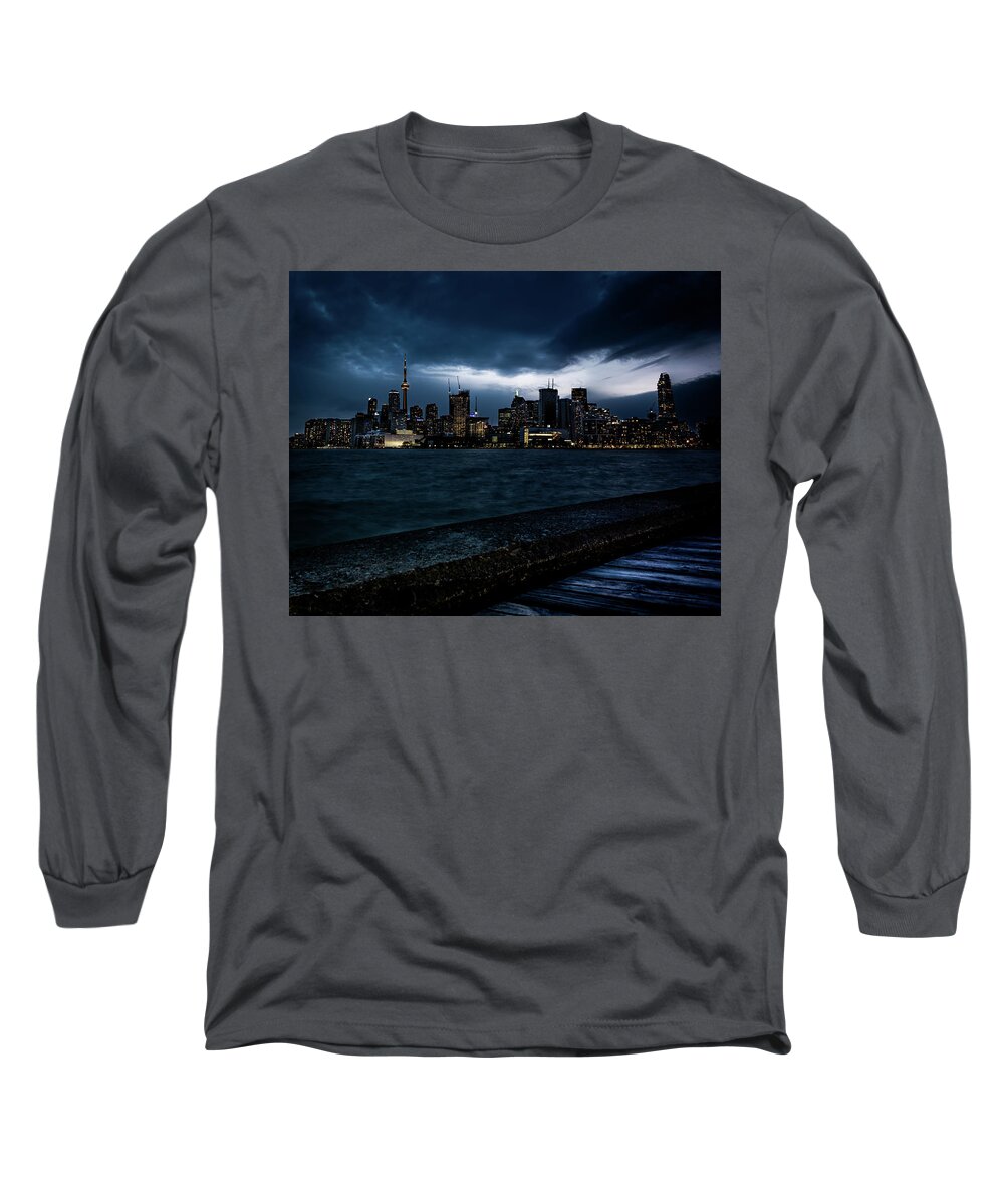 Polson Pier Long Sleeve T-Shirt featuring the photograph Blur Hour Drama on Toronto Skyline by Dee Potter