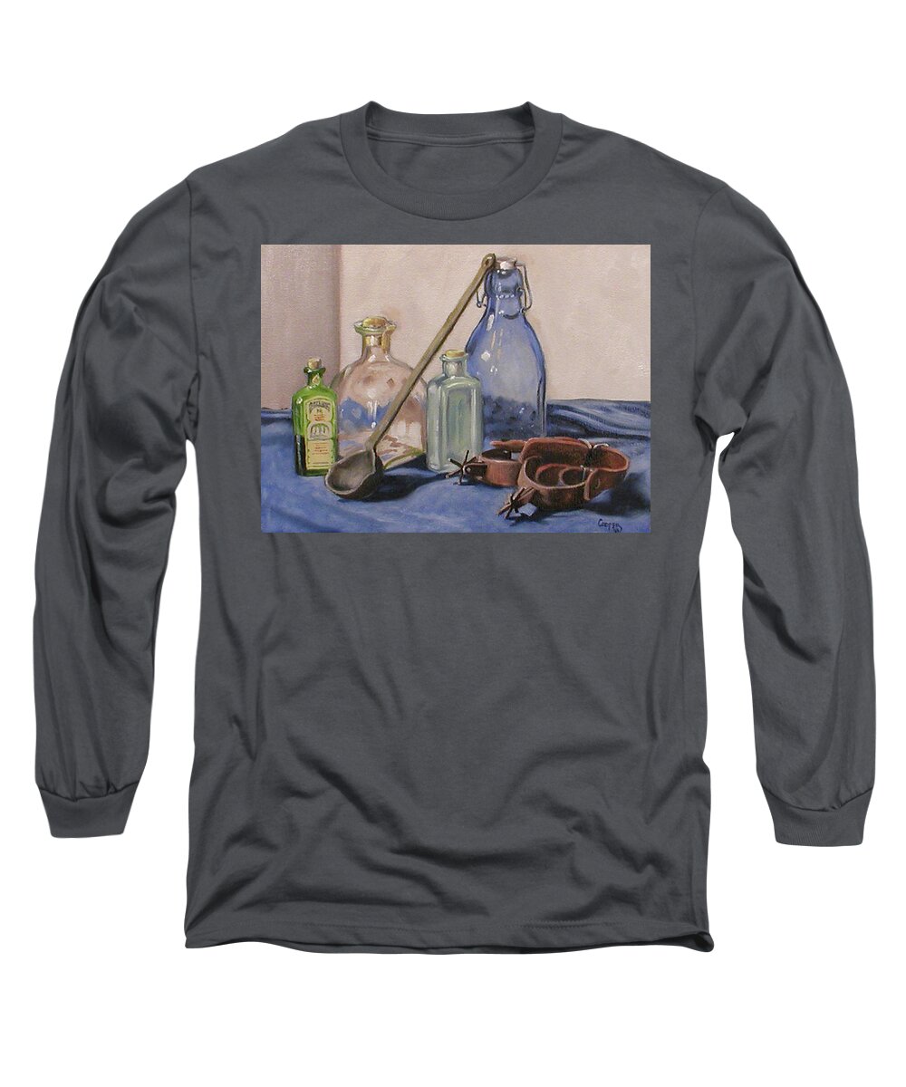 Oil Painting Long Sleeve T-Shirt featuring the painting Bottles and spurs by Todd Cooper