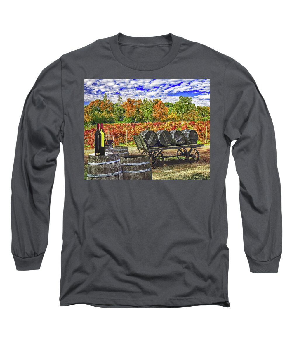 Barrels Long Sleeve T-Shirt featuring the photograph BOTTLES AND WINE BARRELS, California by Don Schimmel
