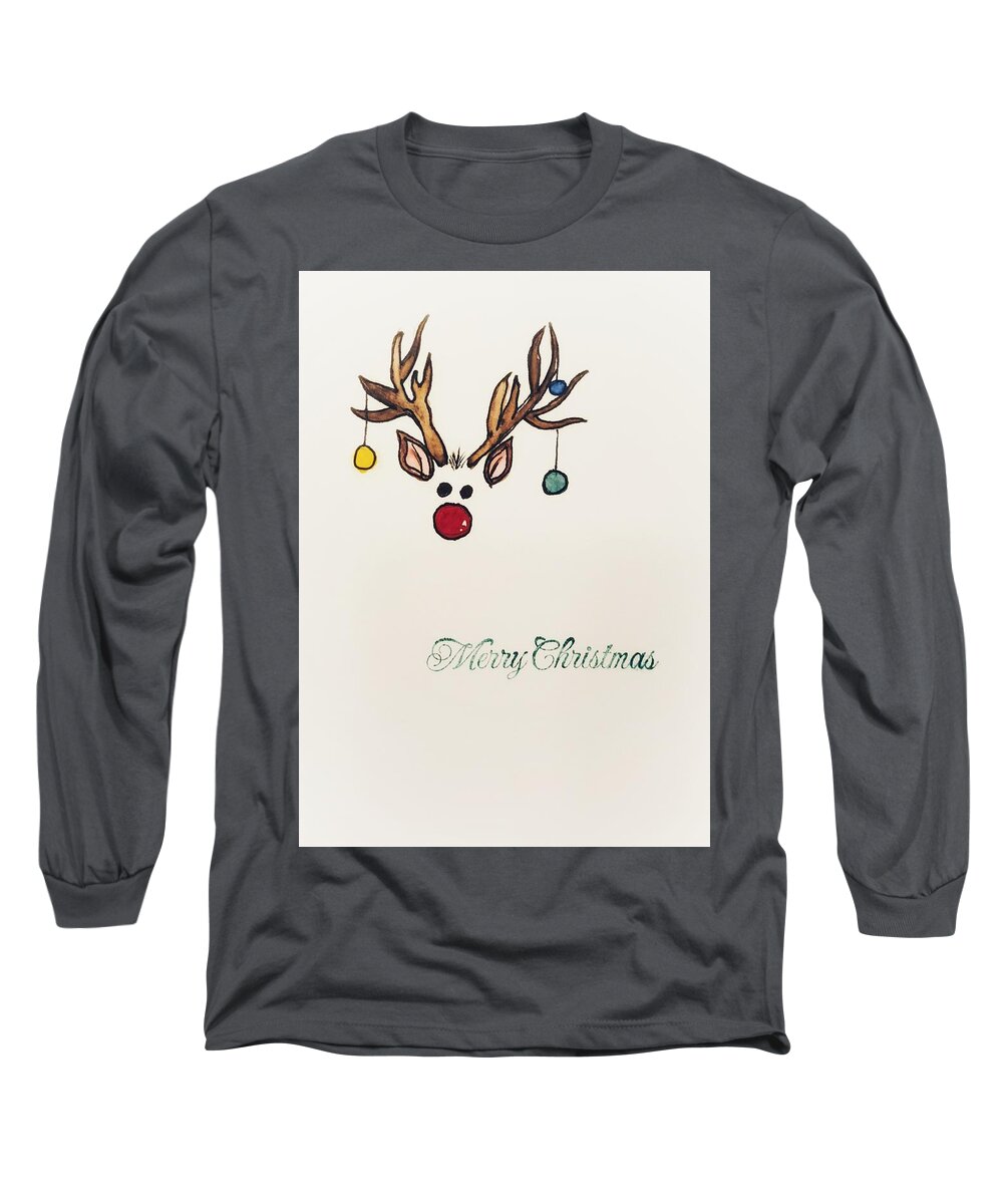 Reindeer Long Sleeve T-Shirt featuring the painting Boy Reindeer. Rudolph? by Shady Lane Studios-Karen Howard