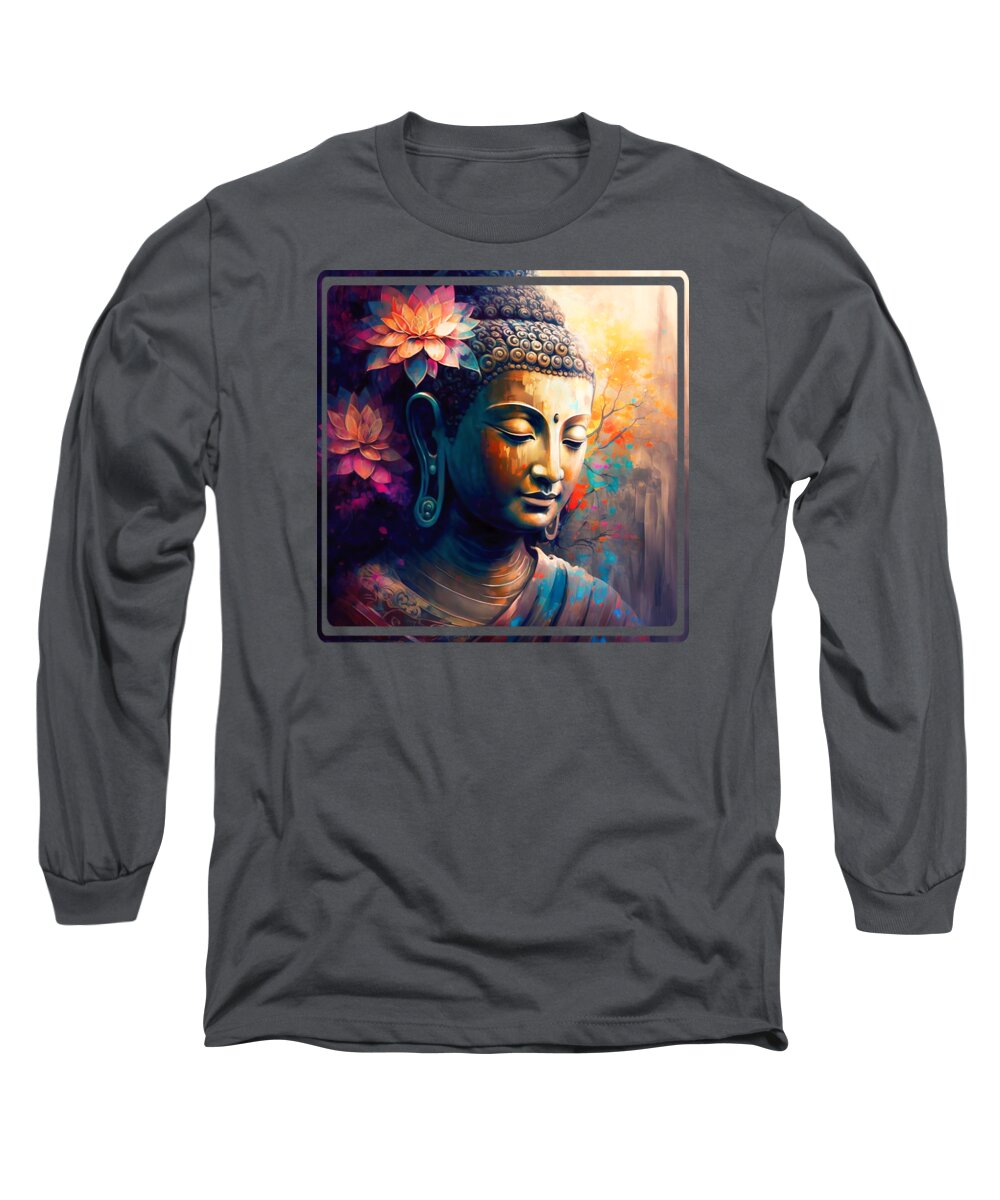 Buddha Long Sleeve T-Shirt featuring the painting Buddha Face Painting 13 by Mark Ashkenazi