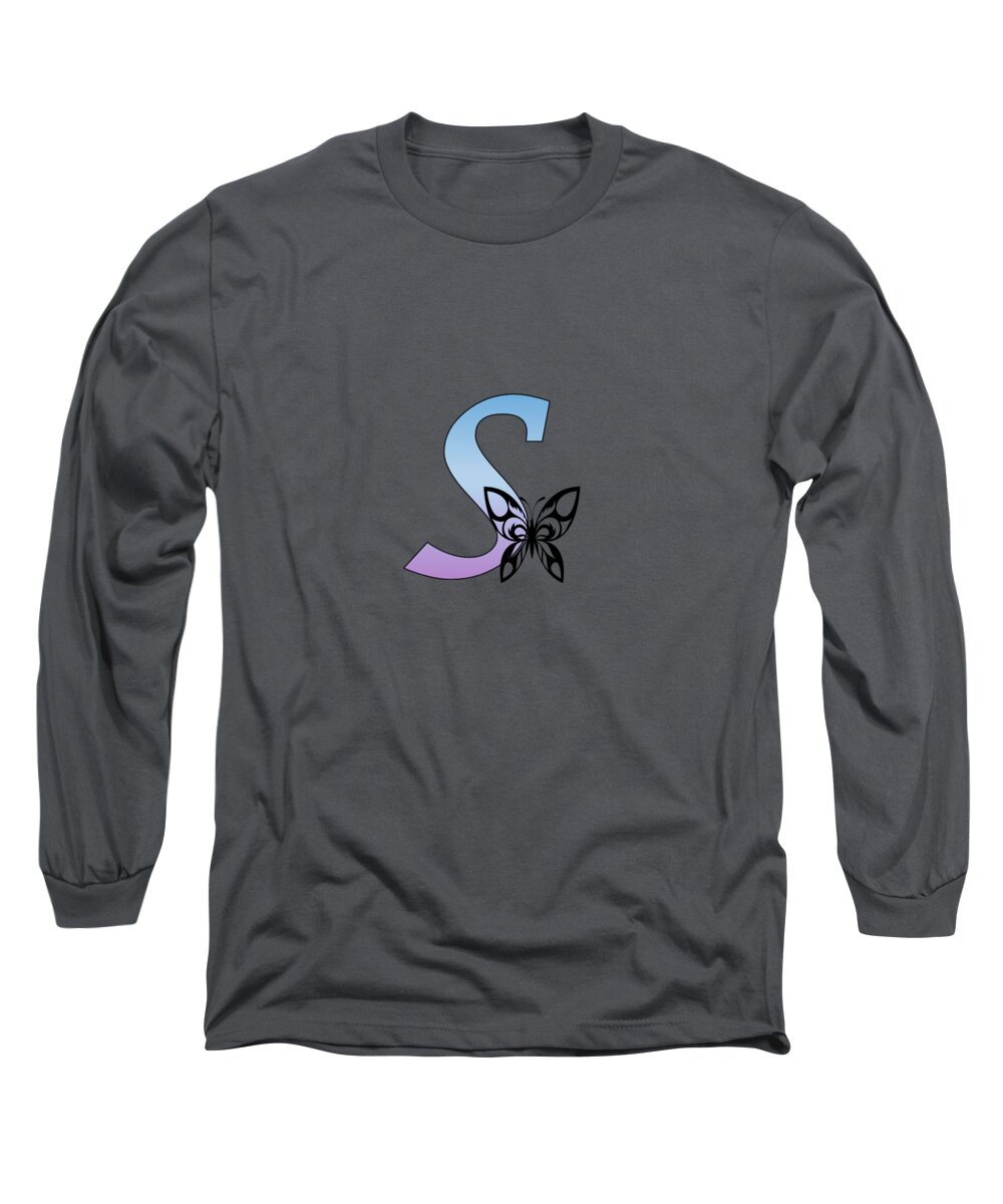 Monogram Long Sleeve T-Shirt featuring the digital art Butterfly Silhouette on Monogram Lower Case s Gradient Blue Purple by Ali Baucom