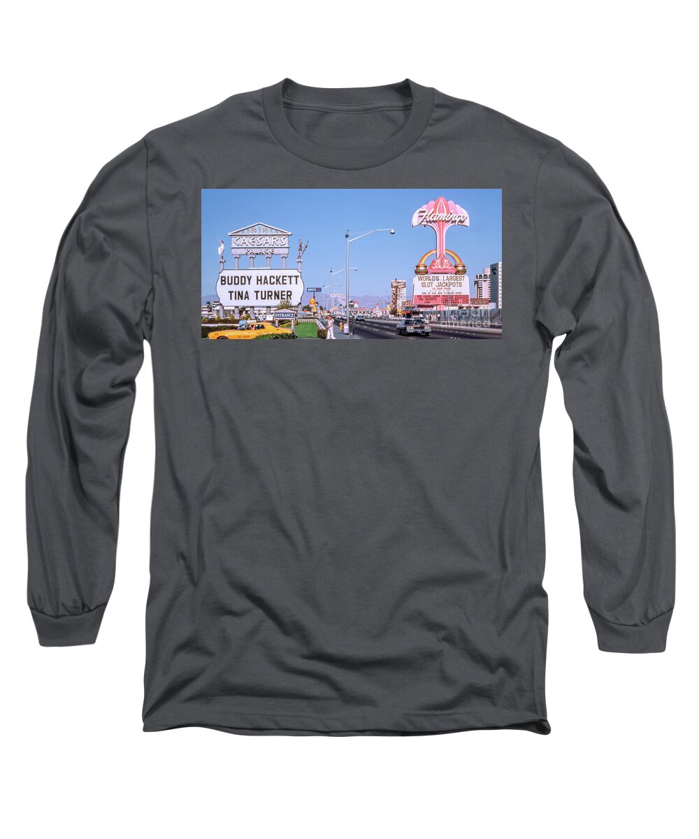 Flamingo Casino Neon Sign Long Sleeve T-Shirt featuring the photograph Caesars Palace Casino and Flamingo Casino Marquee Signs 1970's 2 to 1 Ratio by Aloha Art
