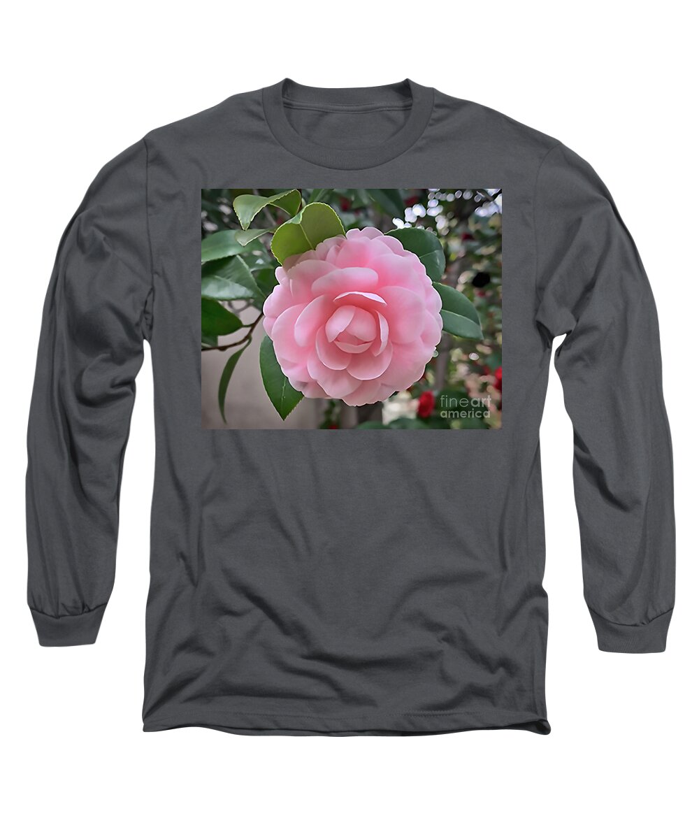 Floral Long Sleeve T-Shirt featuring the digital art Camellia Soft Pink Bloom by Kirt Tisdale