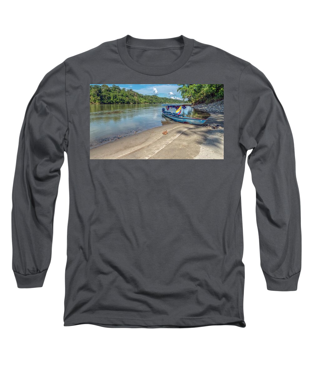 Ahuano Long Sleeve T-Shirt featuring the photograph Canoe and beach on the Amazon Napo river by Henri Leduc