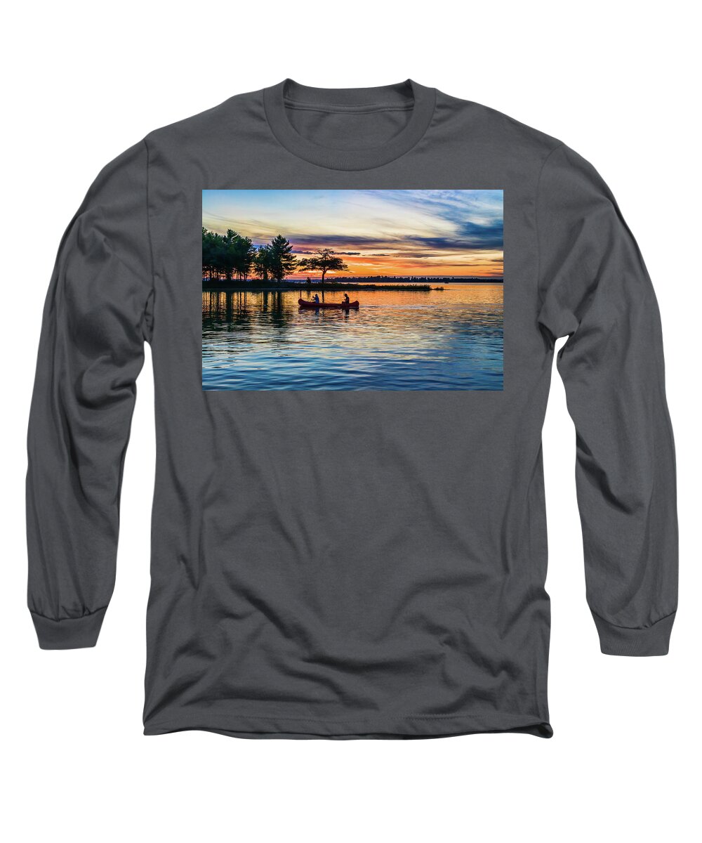 Higgins Lake Long Sleeve T-Shirt featuring the photograph Canoe at Sunset by Joe Holley