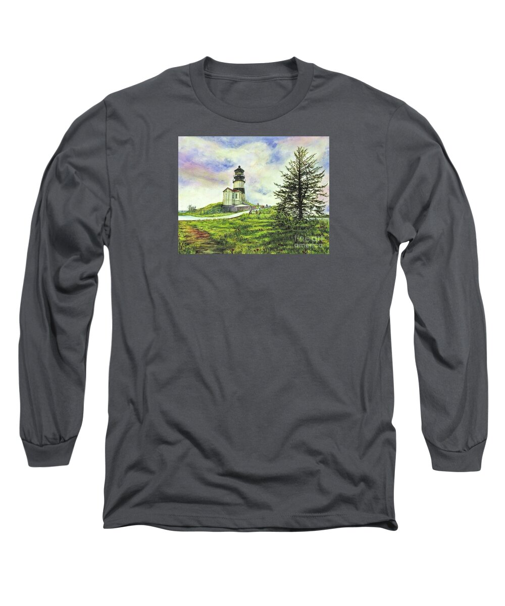 Cynthia Pride Watercolor Paintings Long Sleeve T-Shirt featuring the painting Cape Disappointment Lighthouse on the Washington Coast by Cynthia Pride