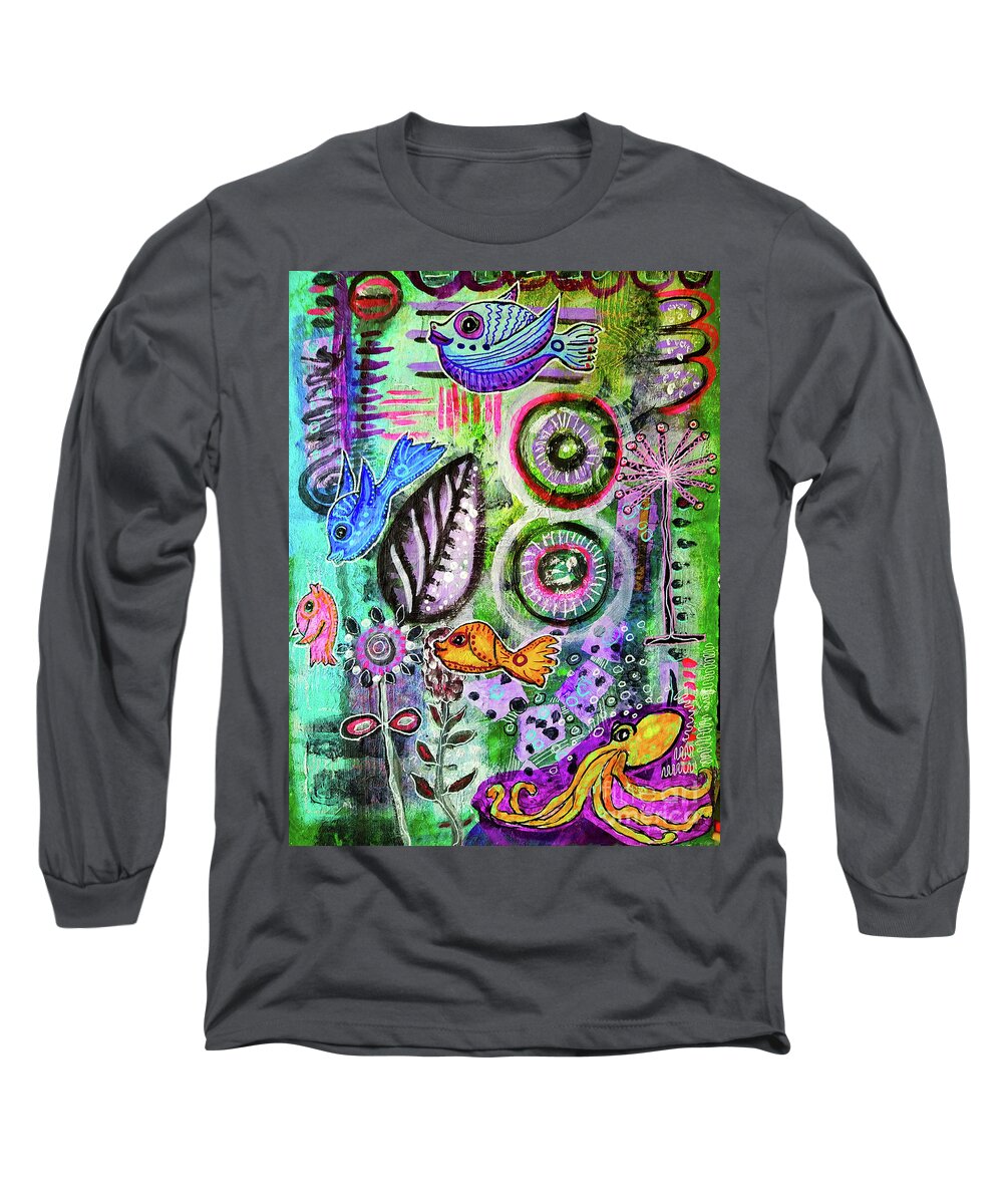 Deep Sea Long Sleeve T-Shirt featuring the mixed media Cedric Octopus Sitting in a Cloud of Deep Violet Ink by Mimulux Patricia No