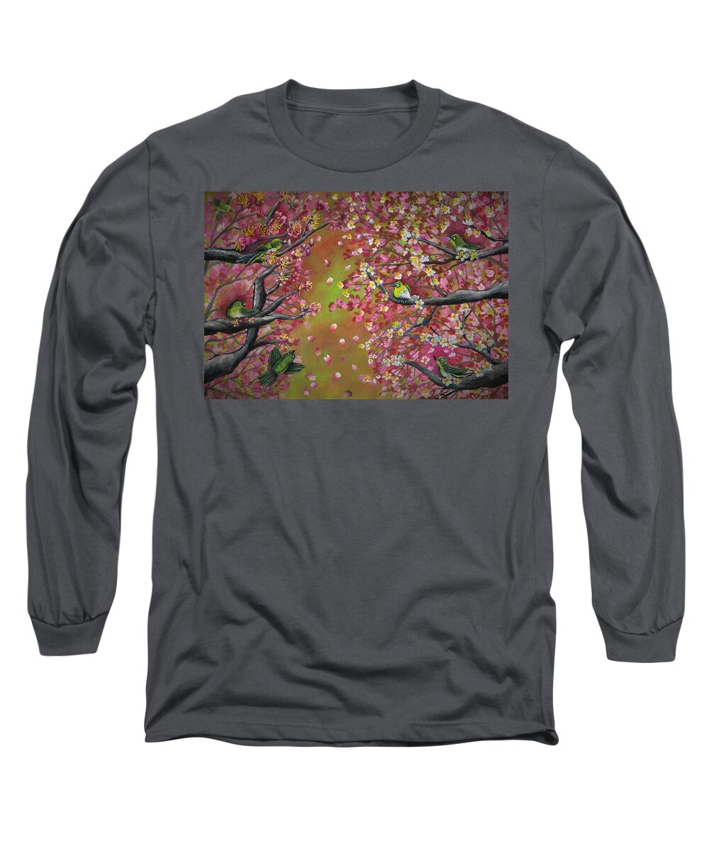 Cherry Blossom Long Sleeve T-Shirt featuring the painting Song birds and cherry blossom by Tara Krishna