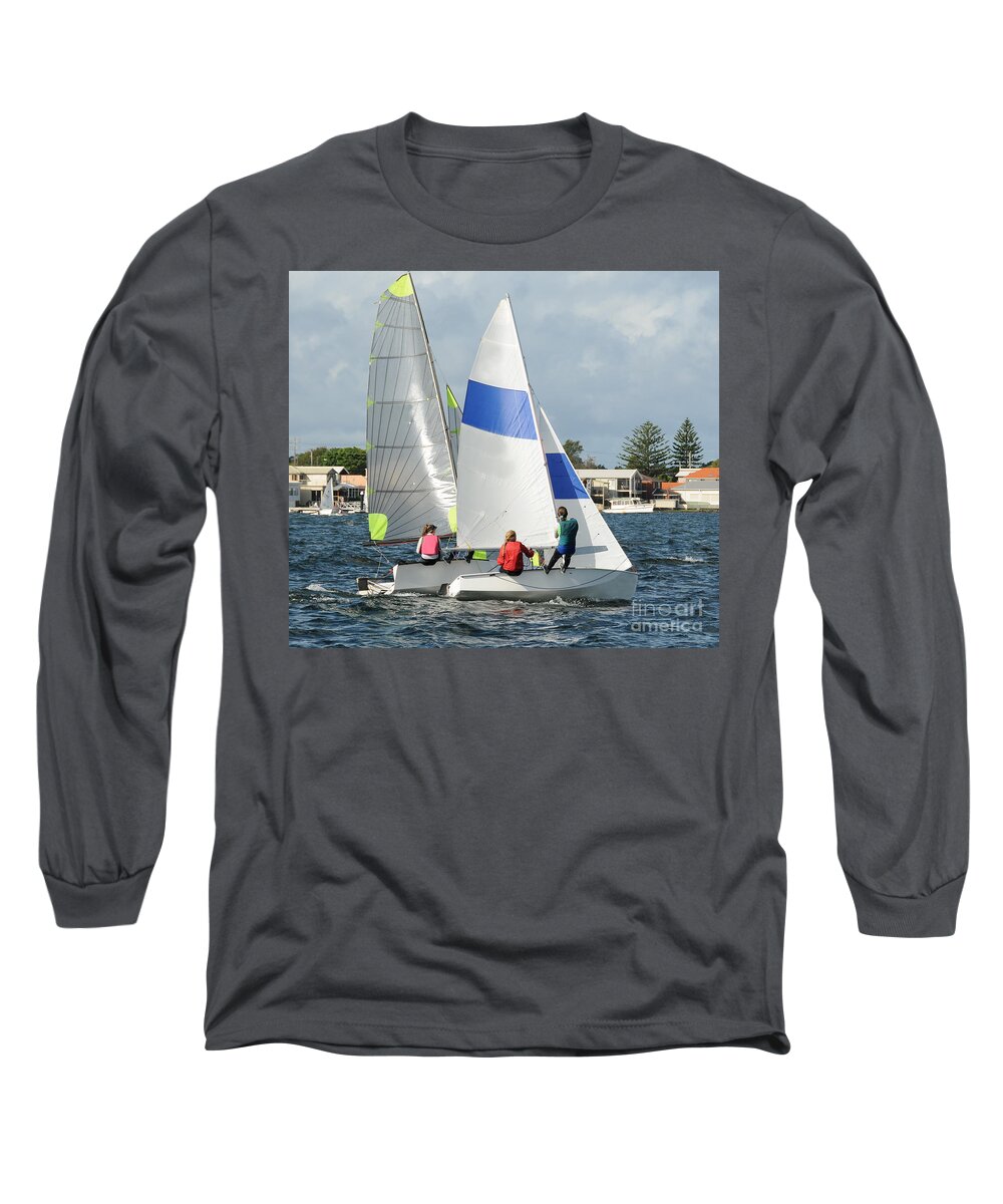 Csne63 Long Sleeve T-Shirt featuring the photograph Children close racing small sailboats on a coastal lake. by Geoff Childs