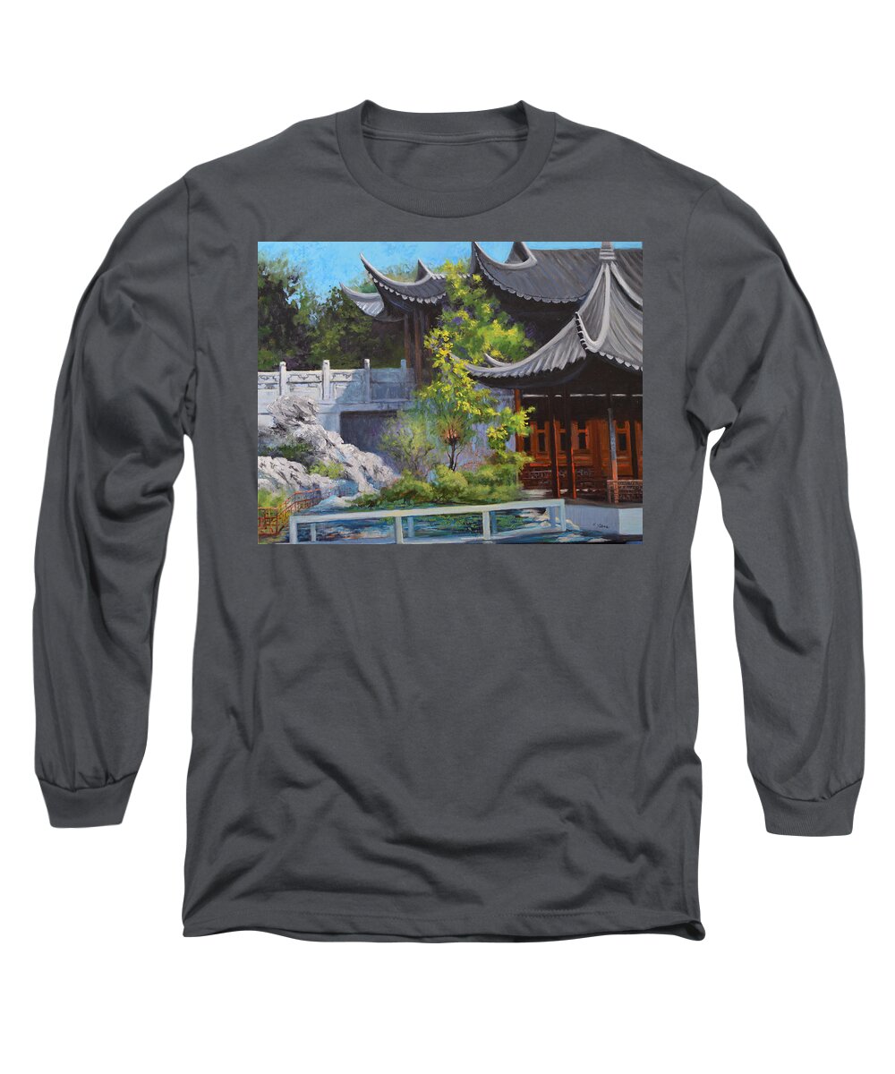 Chinese Garden Long Sleeve T-Shirt featuring the painting Chinese Garden by Holly Stone