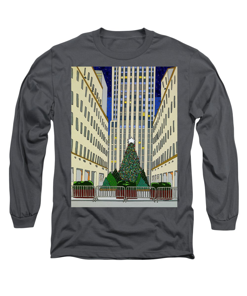 Rockefeller Center Christmas Tree New York City Christmas Long Sleeve T-Shirt featuring the painting Christmas at Rockefeller Center by Mike Stanko