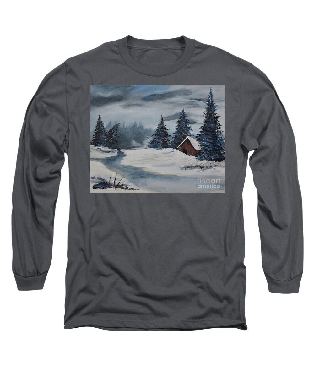 Christmas Cards Long Sleeve T-Shirt featuring the painting Christmas Cards - Winter Solitude - Snowy Cabin by Jan Dappen