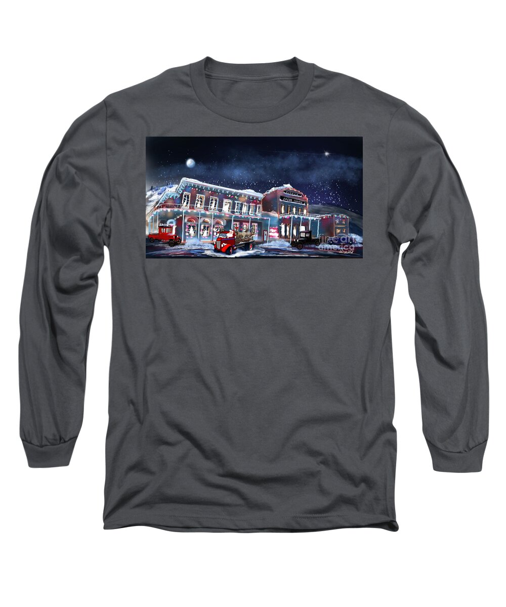 Happy Holidays Long Sleeve T-Shirt featuring the digital art Christmas in Eureka Nevada ca 1940 by Doug Gist