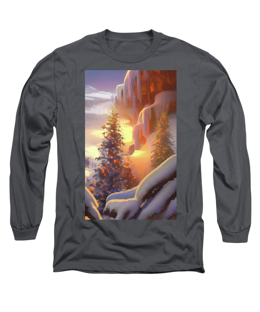 Tree Long Sleeve T-Shirt featuring the digital art Christmas Tree Under icy rocks at sunrise by Darren White