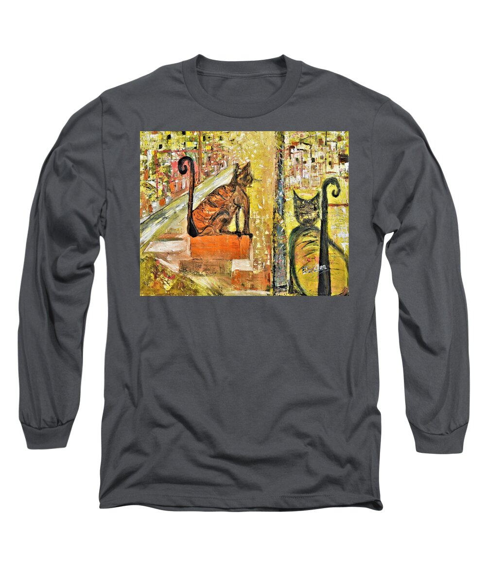 Cats Long Sleeve T-Shirt featuring the painting City Lights by Evelina Popilian