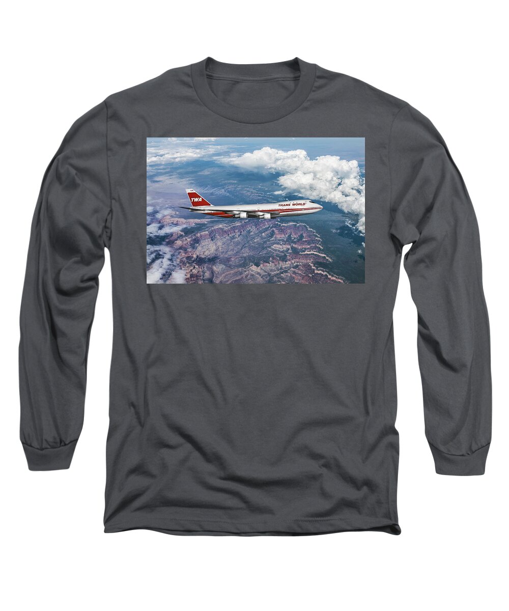 Trans World Airlines Long Sleeve T-Shirt featuring the mixed media Classic TWA Boeing 747 by Erik Simonsen