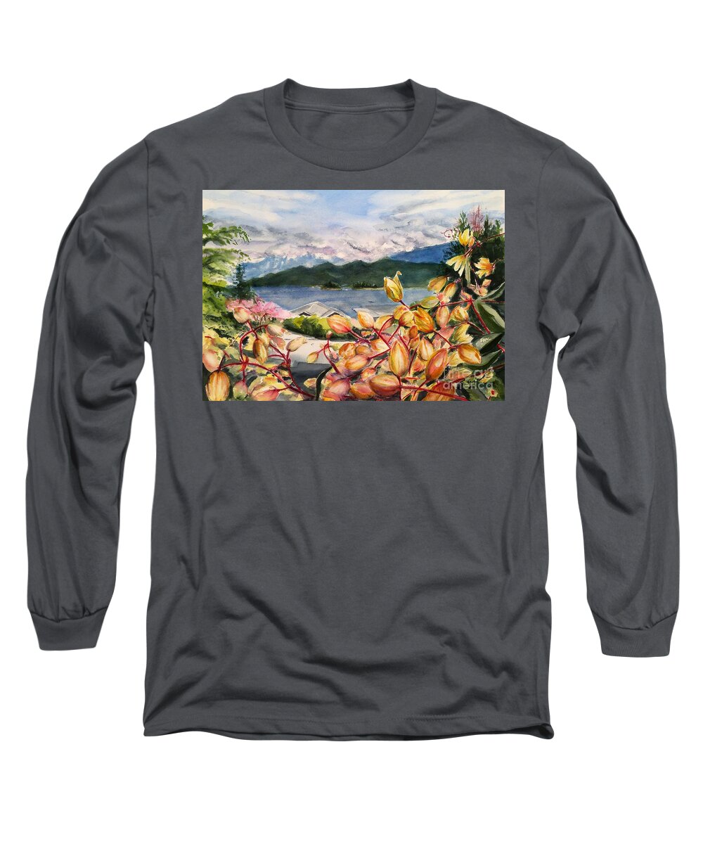 Clematis Blooms Long Sleeve T-Shirt featuring the painting Clematis Views by Sonia Mocnik