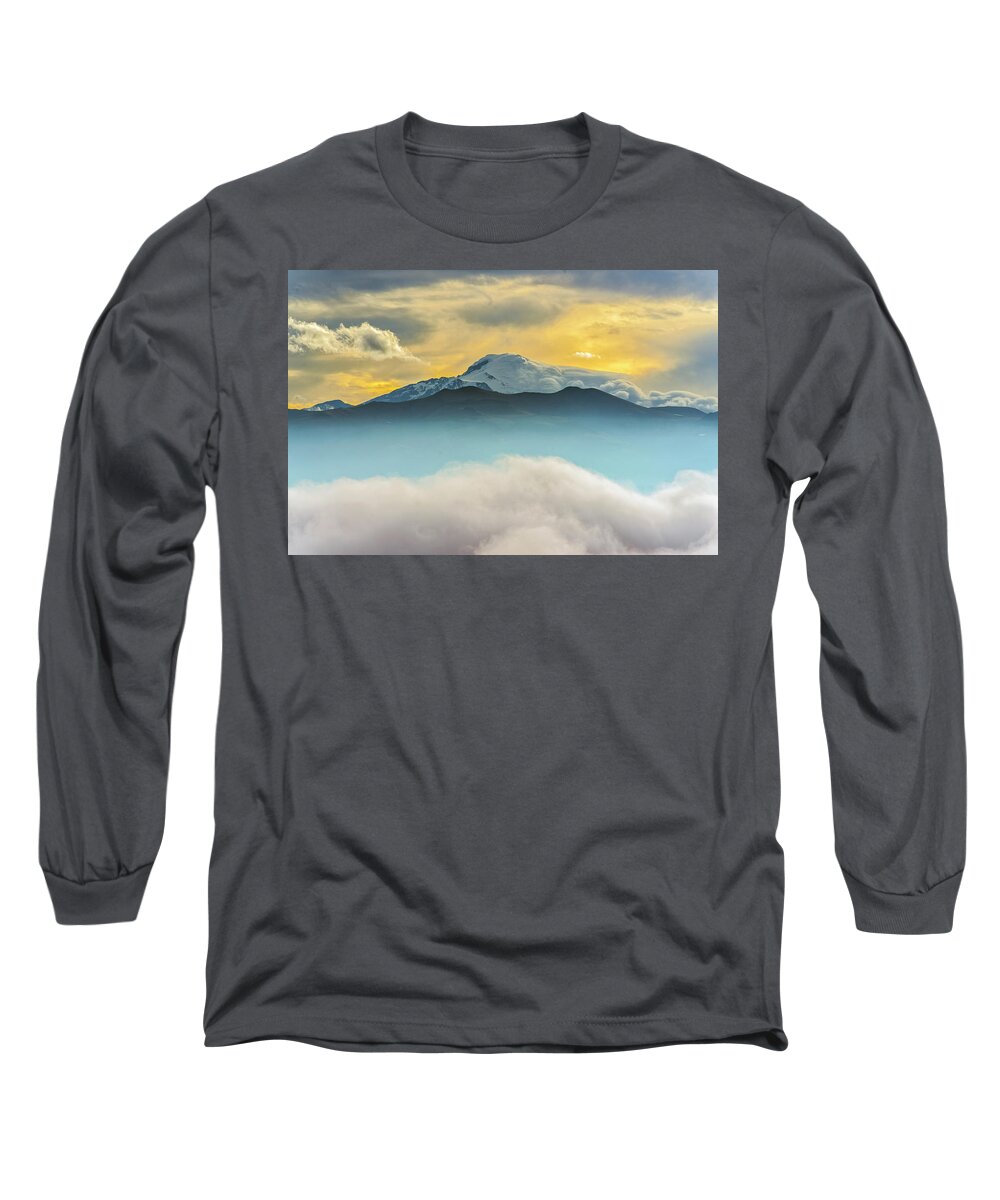 Andes Long Sleeve T-Shirt featuring the photograph Cloud bank and sunrise on the Cayambe volcano by Henri Leduc