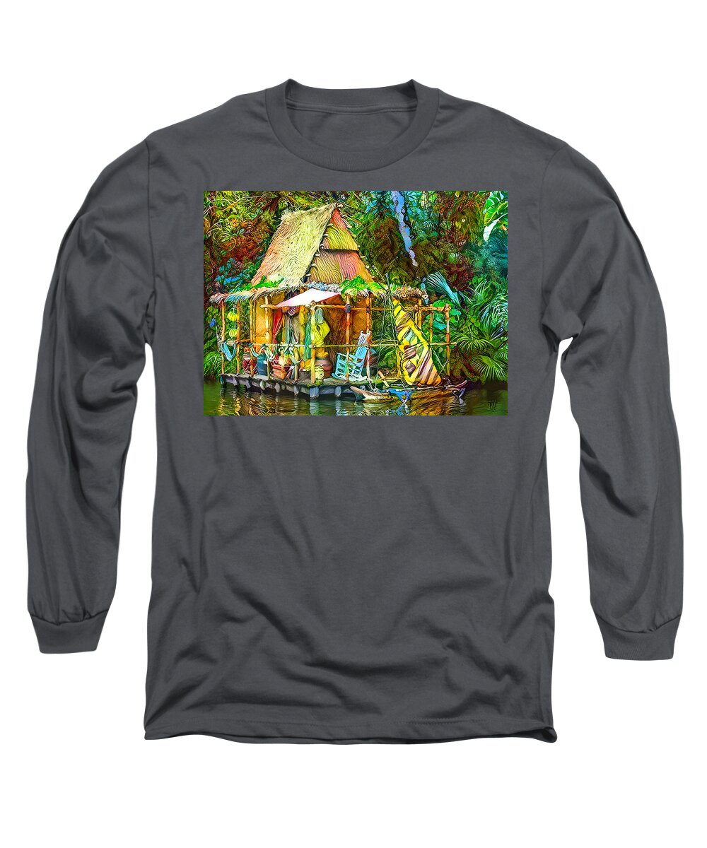 Cabin Long Sleeve T-Shirt featuring the mixed media Colorful Tropical Cabin by Debra Kewley