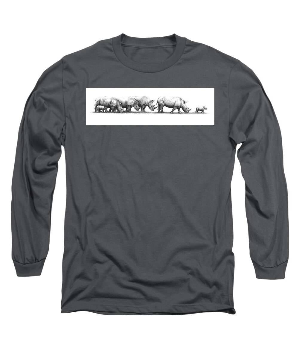 Rhinoceros Long Sleeve T-Shirt featuring the drawing Come on, Hurry Up by Paul Dene Marlor