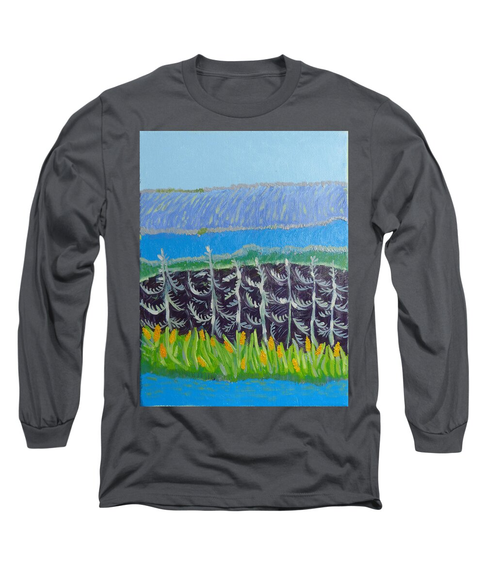 Corn And River Long Sleeve T-Shirt featuring the painting Corn and river by Elzbieta Goszczycka