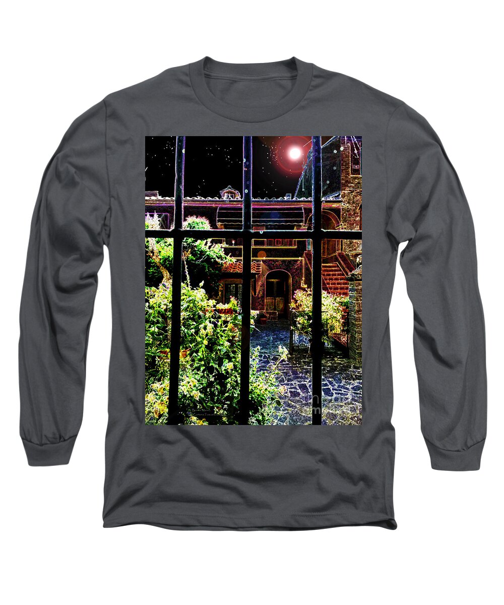 Cortona Long Sleeve T-Shirt featuring the painting Under a Tuscan Moon Cortona, Toscana, Italy Fattoria by Moonlight by Bonnie Marie