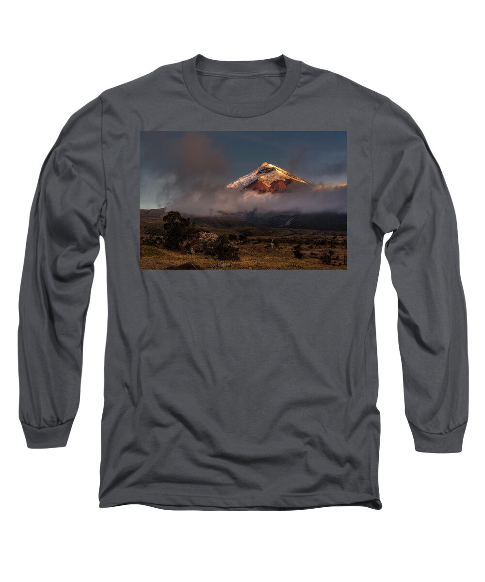 Andes Long Sleeve T-Shirt featuring the photograph Cotopaxi volcano between night and day by Henri Leduc